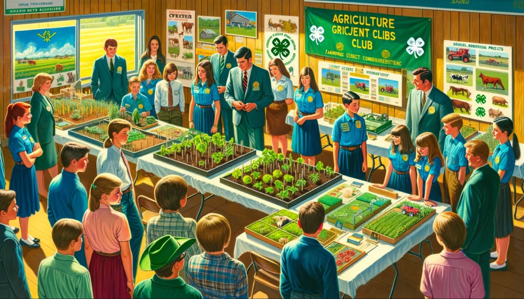 National 4 H Club Directory A vivid and detailed illustration of a 4 H club meeting with youth and club leaders engaged in agricultural activities. The scene shows a diverse grou (1)